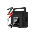 Black portable Car Battery Jump Starter - Air Compressor with digital display and accessories on a transparent background