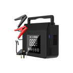 Black portable Car Battery Jump Starter - Air Compressor with digital display and accessories on a transparent background