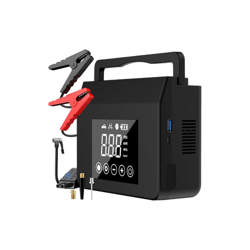 Black portable Car Battery Jump Starter - Air Compressor with digital display and accessories on a transparent background