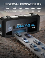 jump starter with compatibility icons on a desert road background