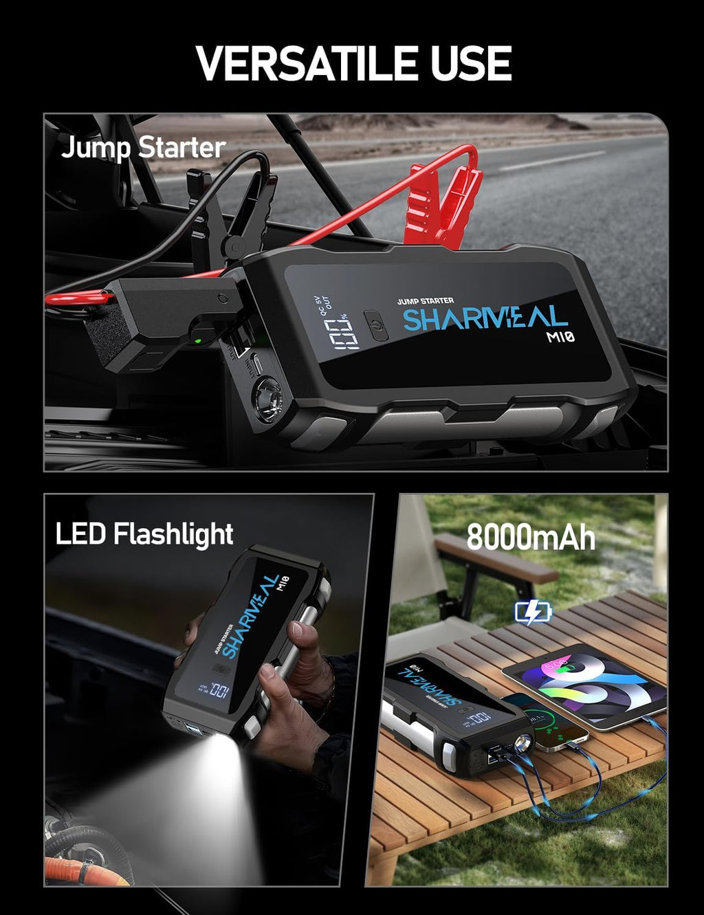  jump starter and LED flashlight with features highlighted.