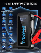 Jump starter with safety protection features displayed on a dark background