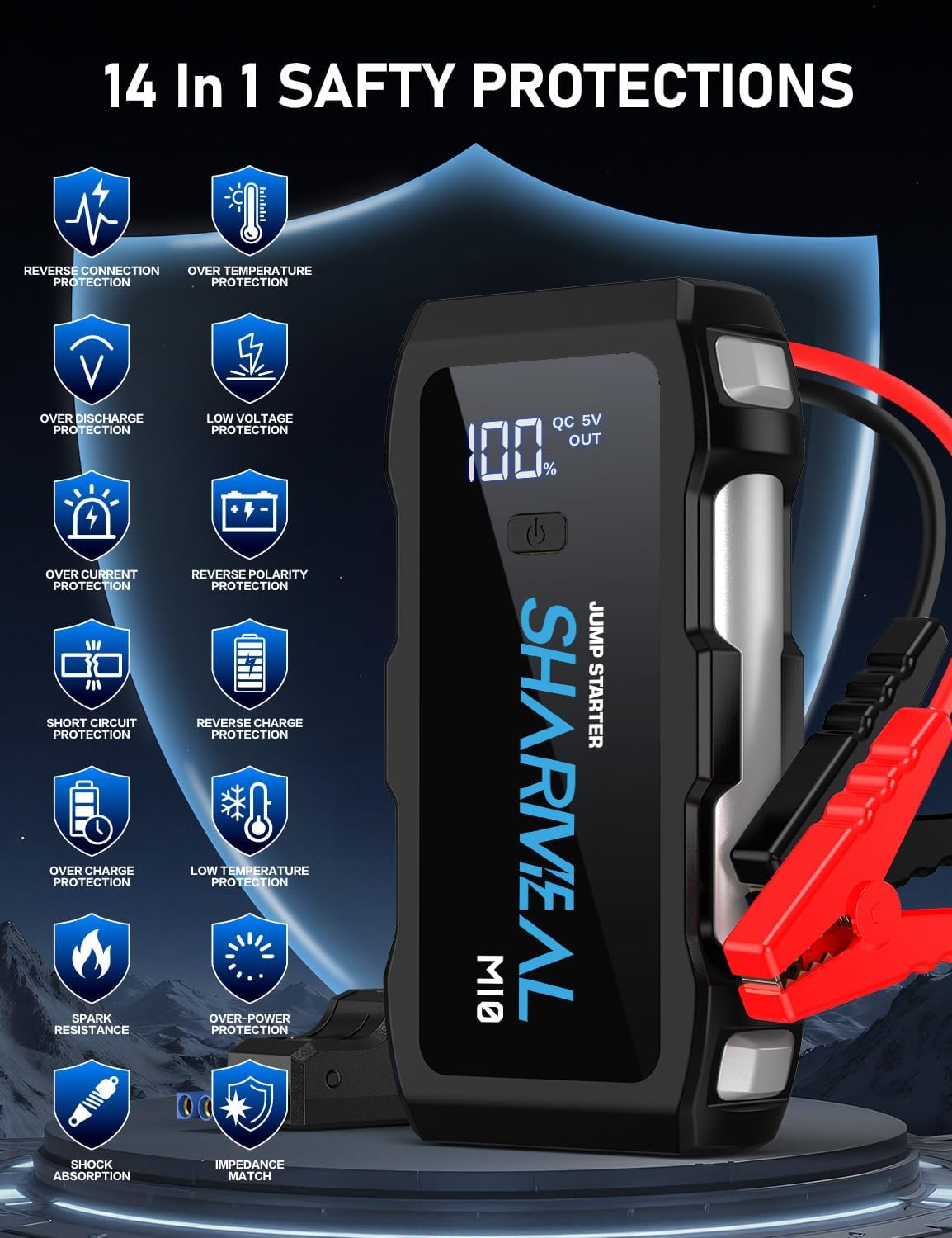 Jump starter with safety protection features displayed on a dark background