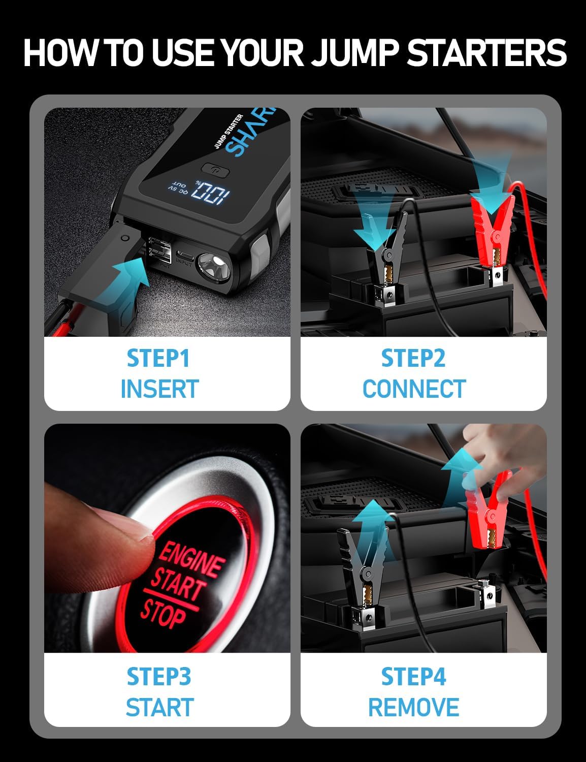 Step-by-step guide on how to use jump starters with visual instructions.