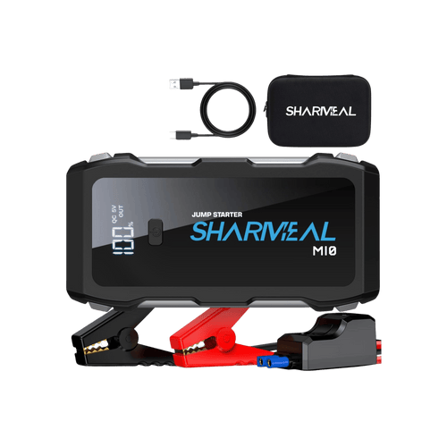 jump starter with clamps, cable, and carrying case on a white background