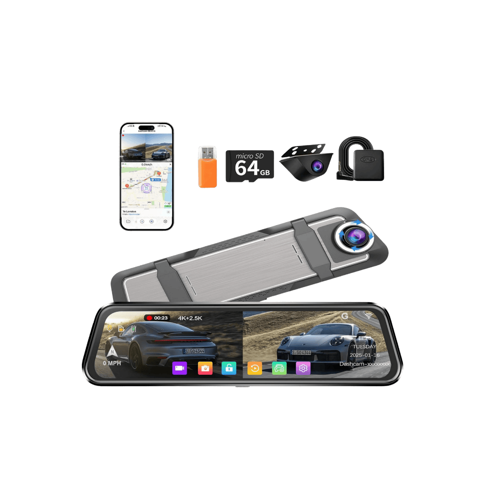 Collection of car accessories including a mirror monitor, phone, memory card, and camera on a transparent background.
