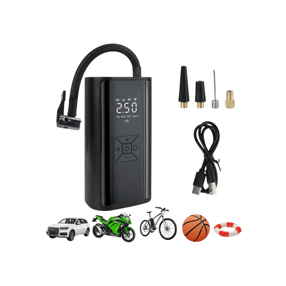 Black digital air pump with accessories on a transparent background