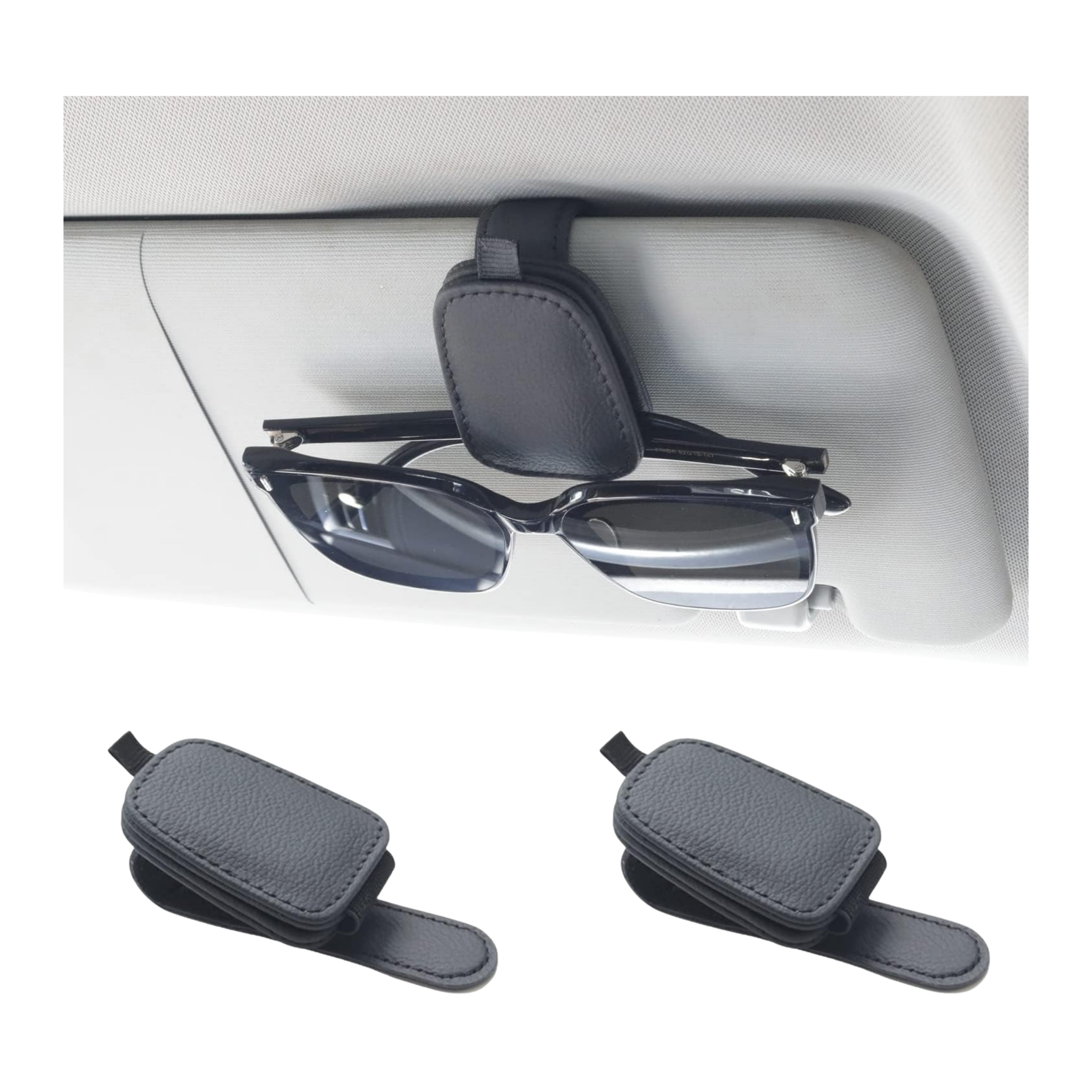 Car visor with sunglasses holder and two additional holders on a white background