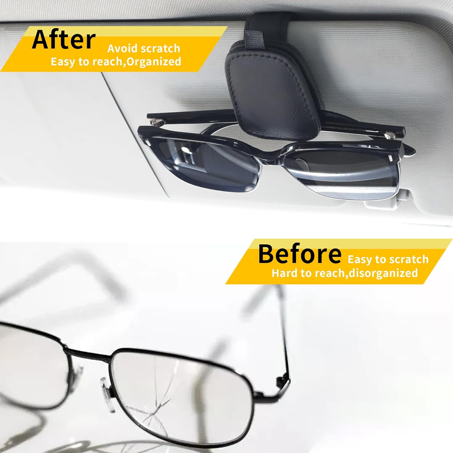Car visor with sunglasses holder showing before and after comparison on a white background.