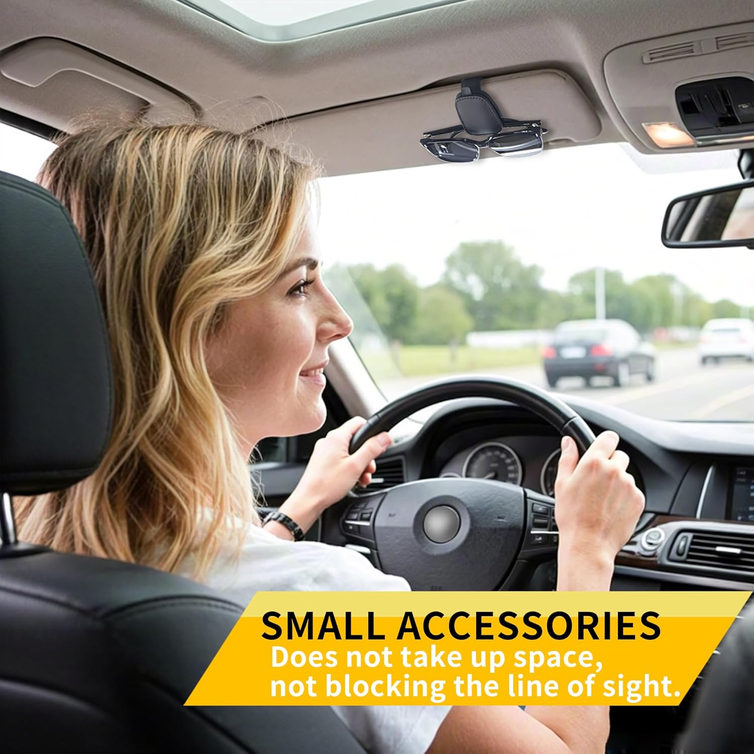 Woman driving a car with a small accessory on the dashboard, text overlay about accessories not taking up space.