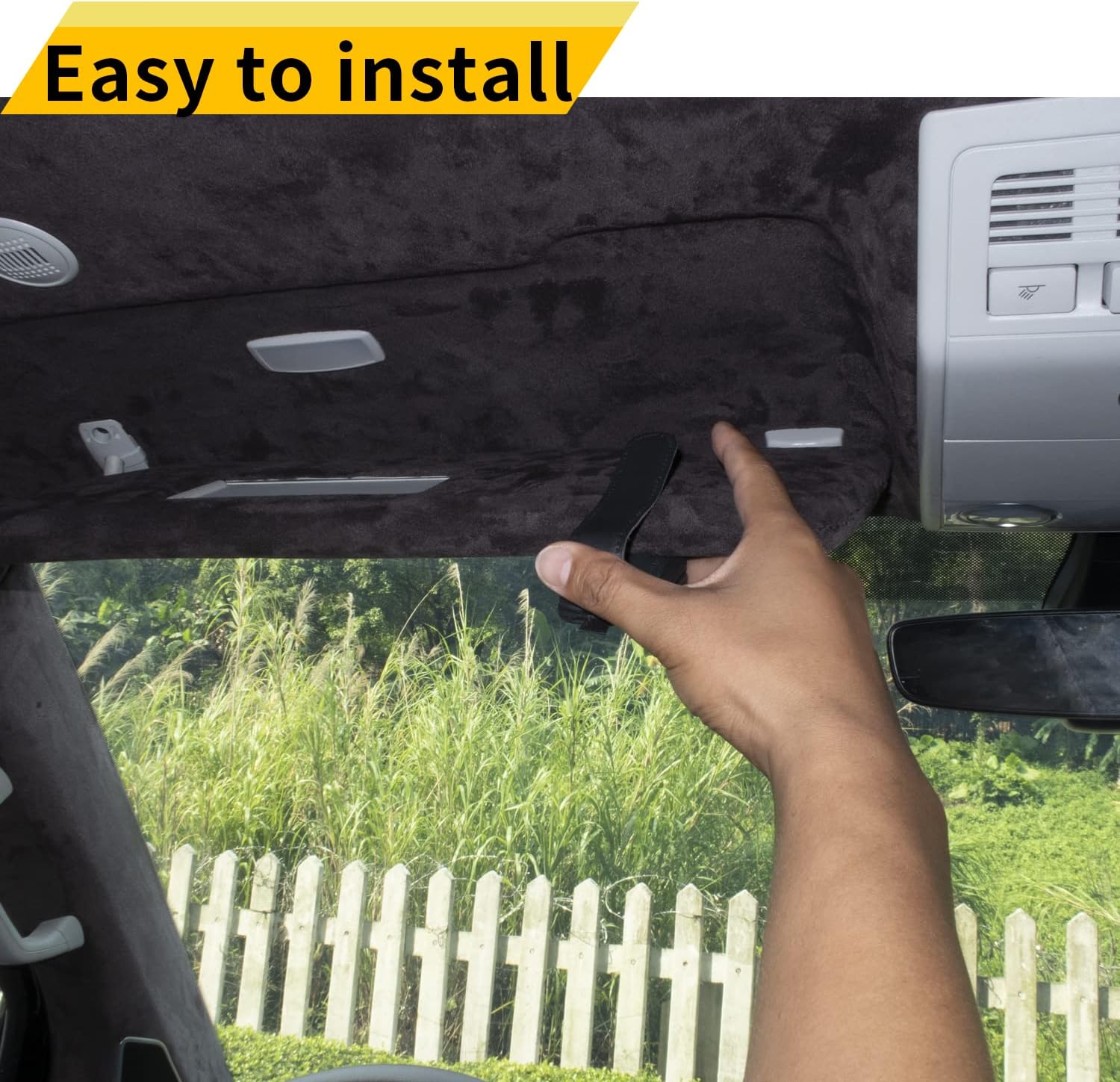 Hand installing a car sunshade with text 'Easy to install' and a background of greenery and a white fence.