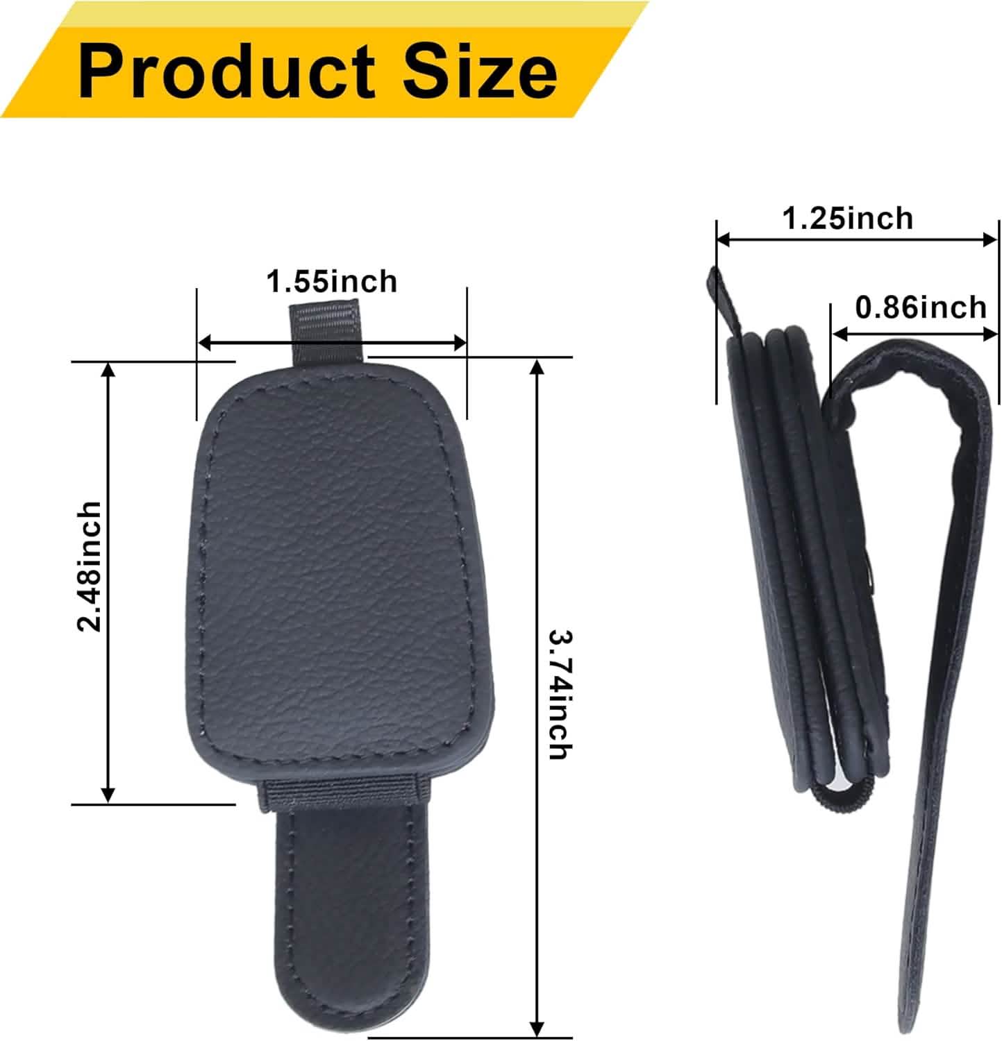 Measurement chart of a black leather keychain with strap on a white background