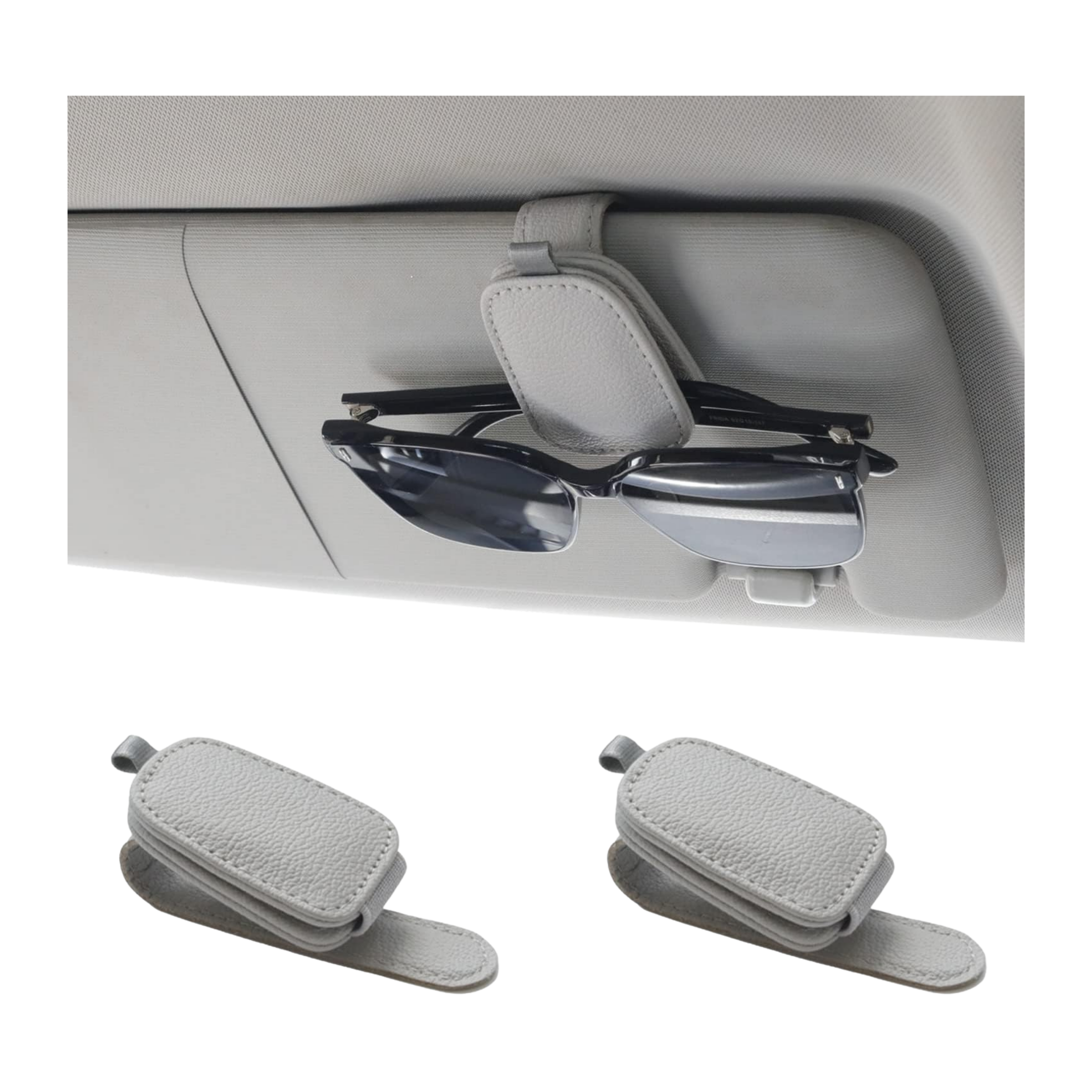 Car visor with sunglasses holder and two additional holders on a white background
