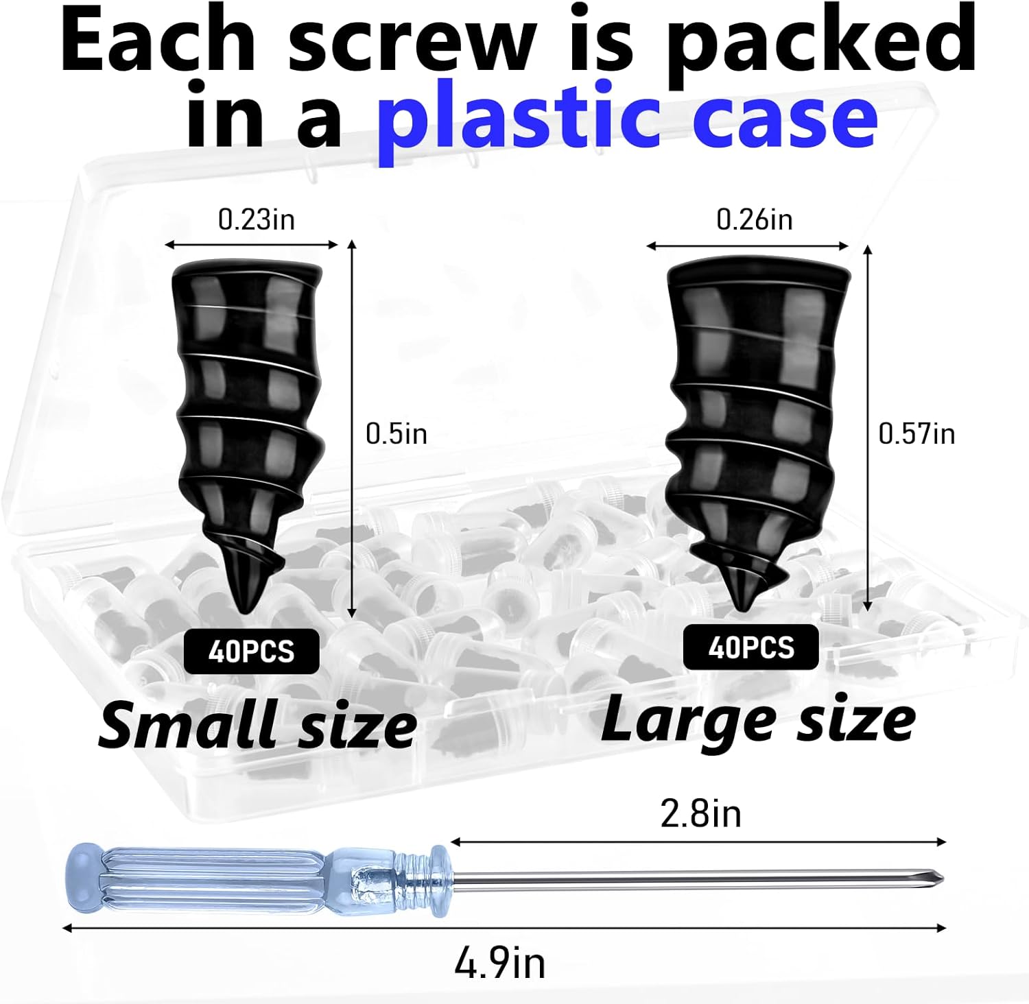 Screw packaging with small and large size screws and a measurement chart.
