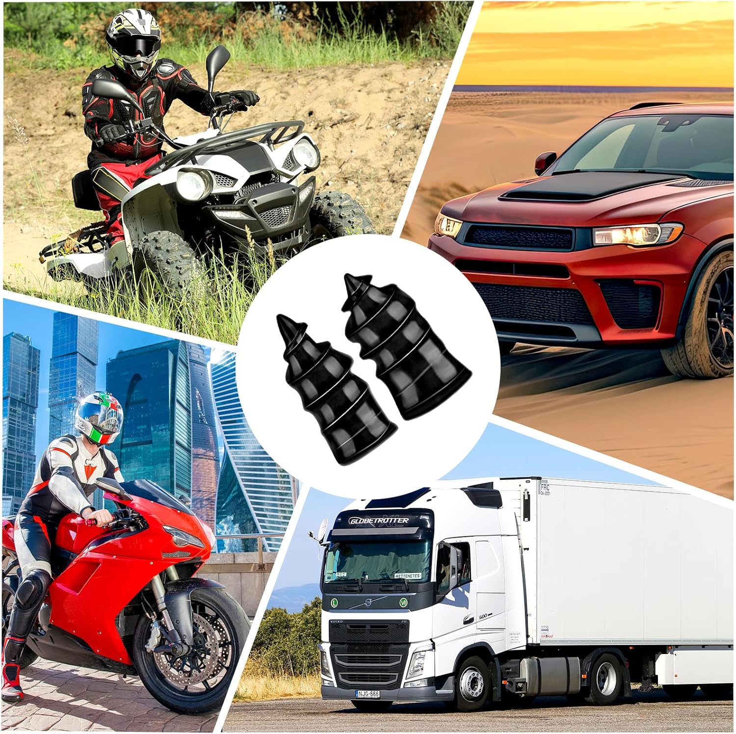 Collage of vehicles including an ATV, car, motorcycle, and truck with a focus on black plastic parts.