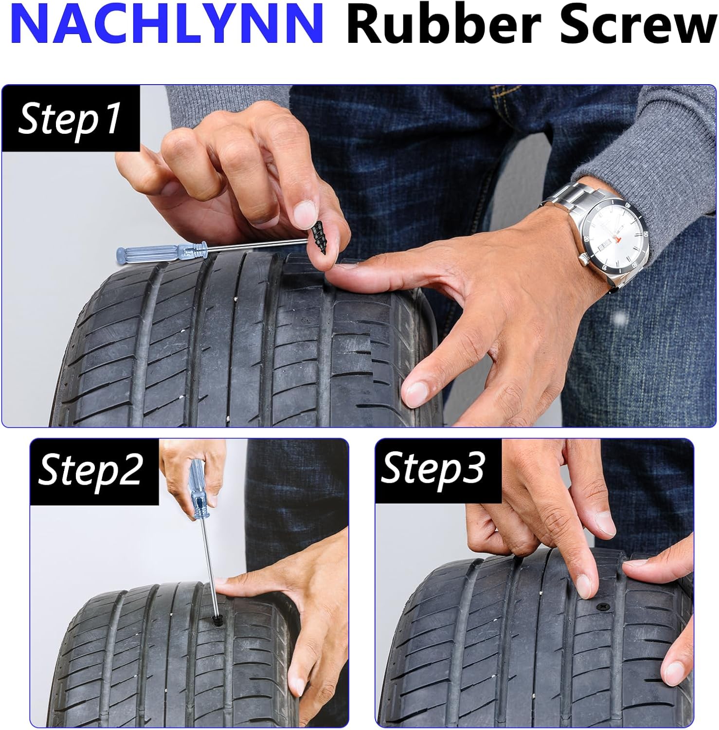 Step-by-step demonstration of using NACHLYNN Rubber Screw on a tire.