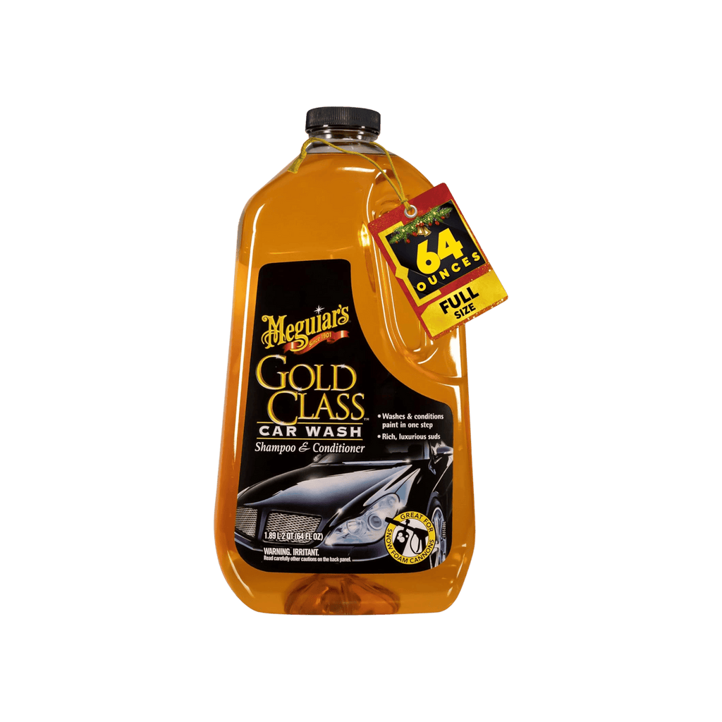 Meguiar's Gold Class car wash shampoo & conditioner bottle with a tag indicating 64 ounces on a green background