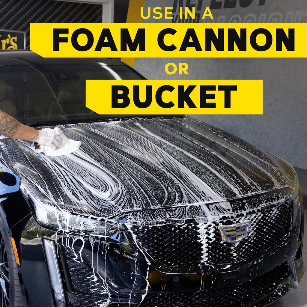 Car being washed with foam, text 'Use in a foam cannon or bucket' on a yellow background