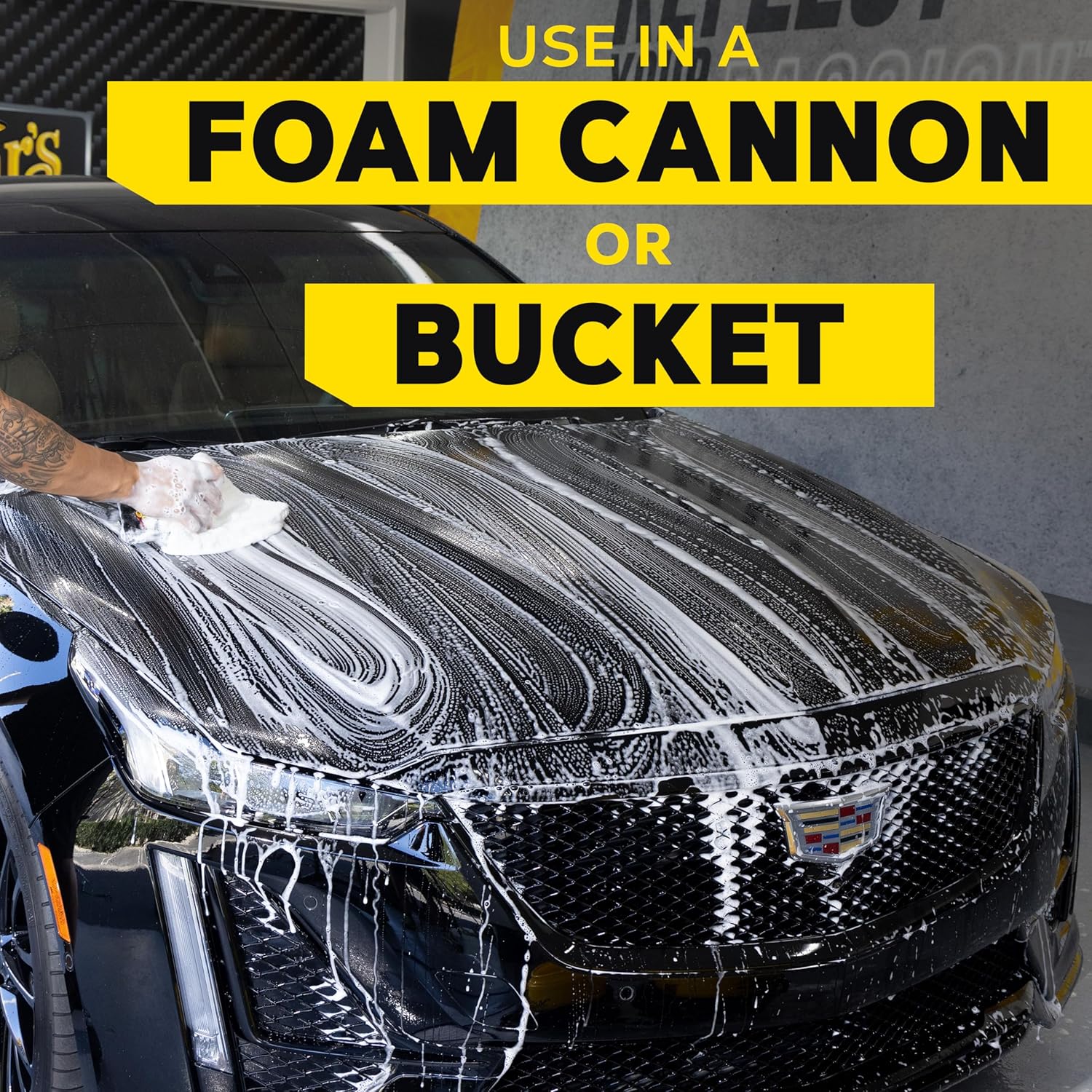 Car being washed with foam, text 'Use in a foam cannon or bucket' on a yellow background