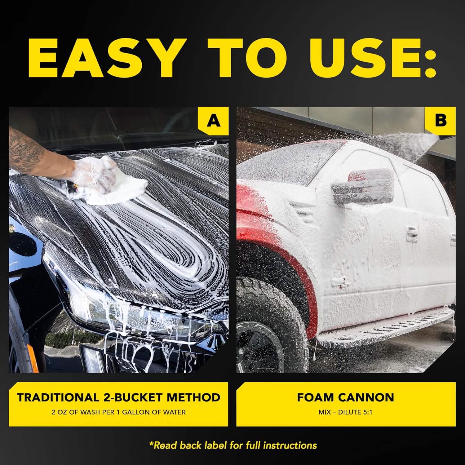 Two methods of car washing shown with text indicating ease of use.