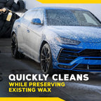 Blue car being washed with a soap sponge, text 'QUICKLY CLEANS WHILE PRESERVING EXISTING WAX' on a yellow banner.