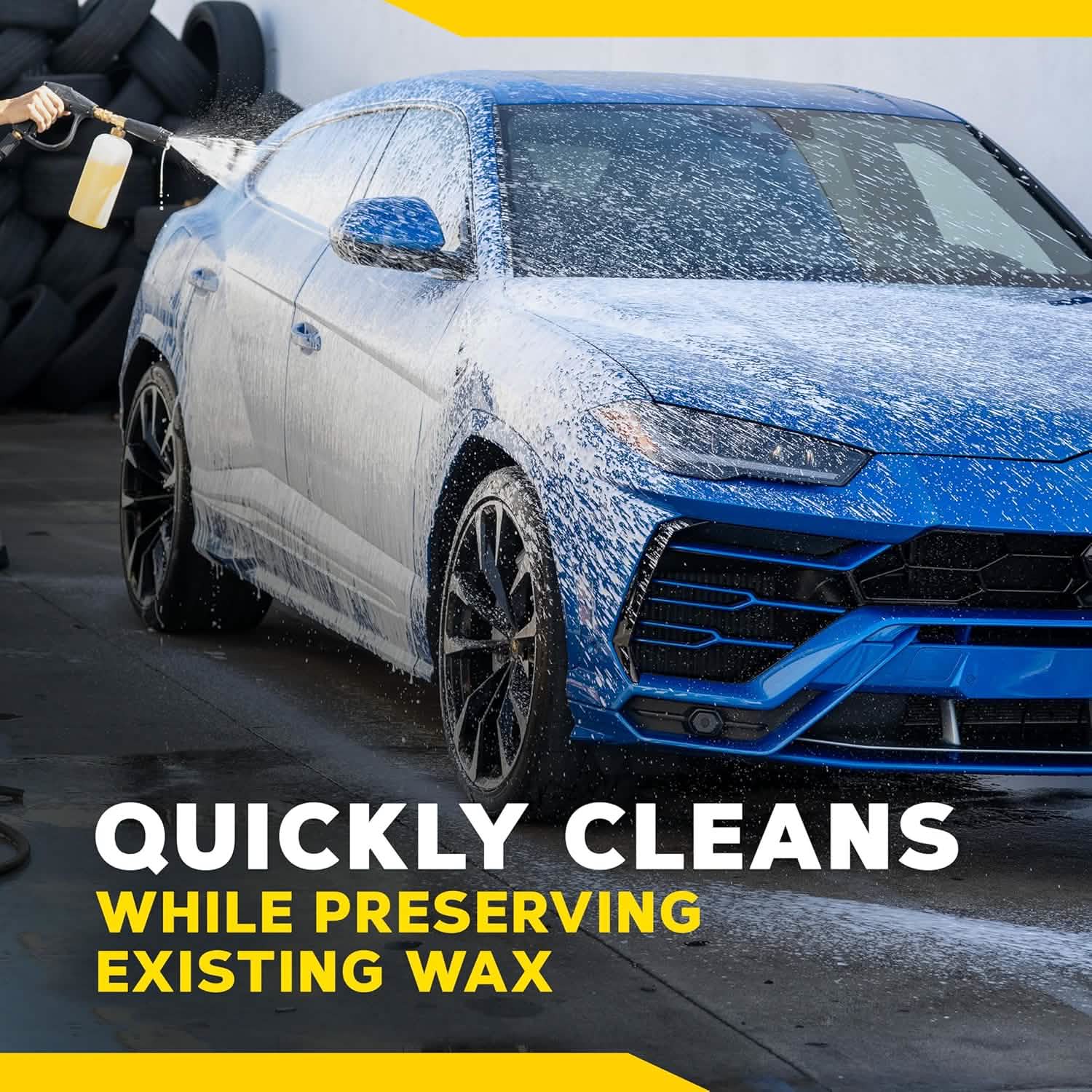 Blue car being washed with a soap sponge, text 'QUICKLY CLEANS WHILE PRESERVING EXISTING WAX' on a yellow banner.