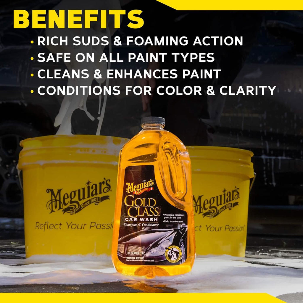 Meguiar's Gold Class Car Wash with yellow buckets on a car wash background