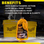 Meguiar's Gold Class Car Wash with yellow buckets on a car wash background
