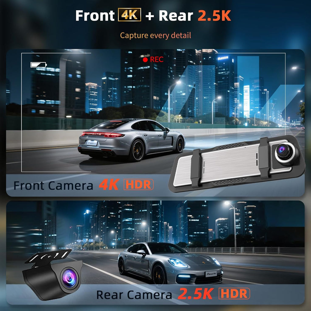 Car dashboard camera with front and rear 4K and 2.5K recording capabilities, showing night-time cityscape.