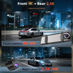 Car dashboard camera with front and rear 4K and 2.5K recording capabilities, showing night-time cityscape.