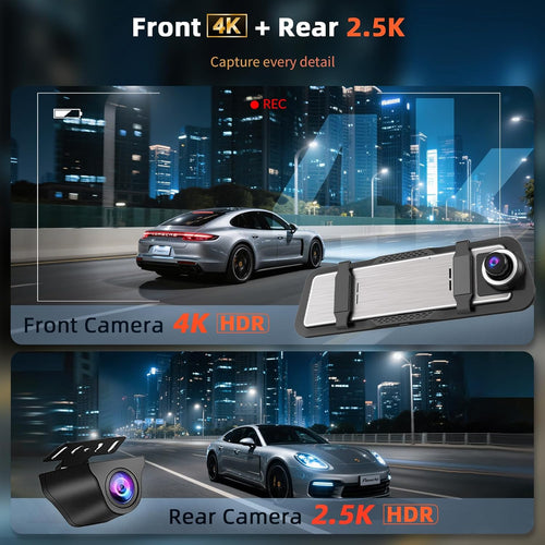 Car dashboard camera with front and rear 4K and 2.5K recording capabilities, showing night-time cityscape.