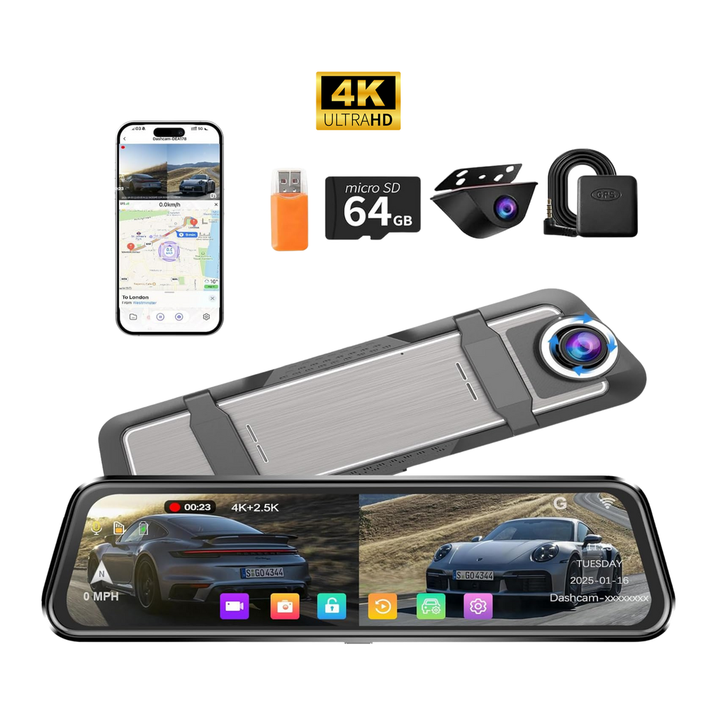 Car dashboard camera with smartphone, USB flash drive, microSD card, and lock on a white background