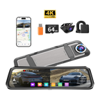 Car dashboard camera with smartphone, USB flash drive, microSD card, and lock on a white background