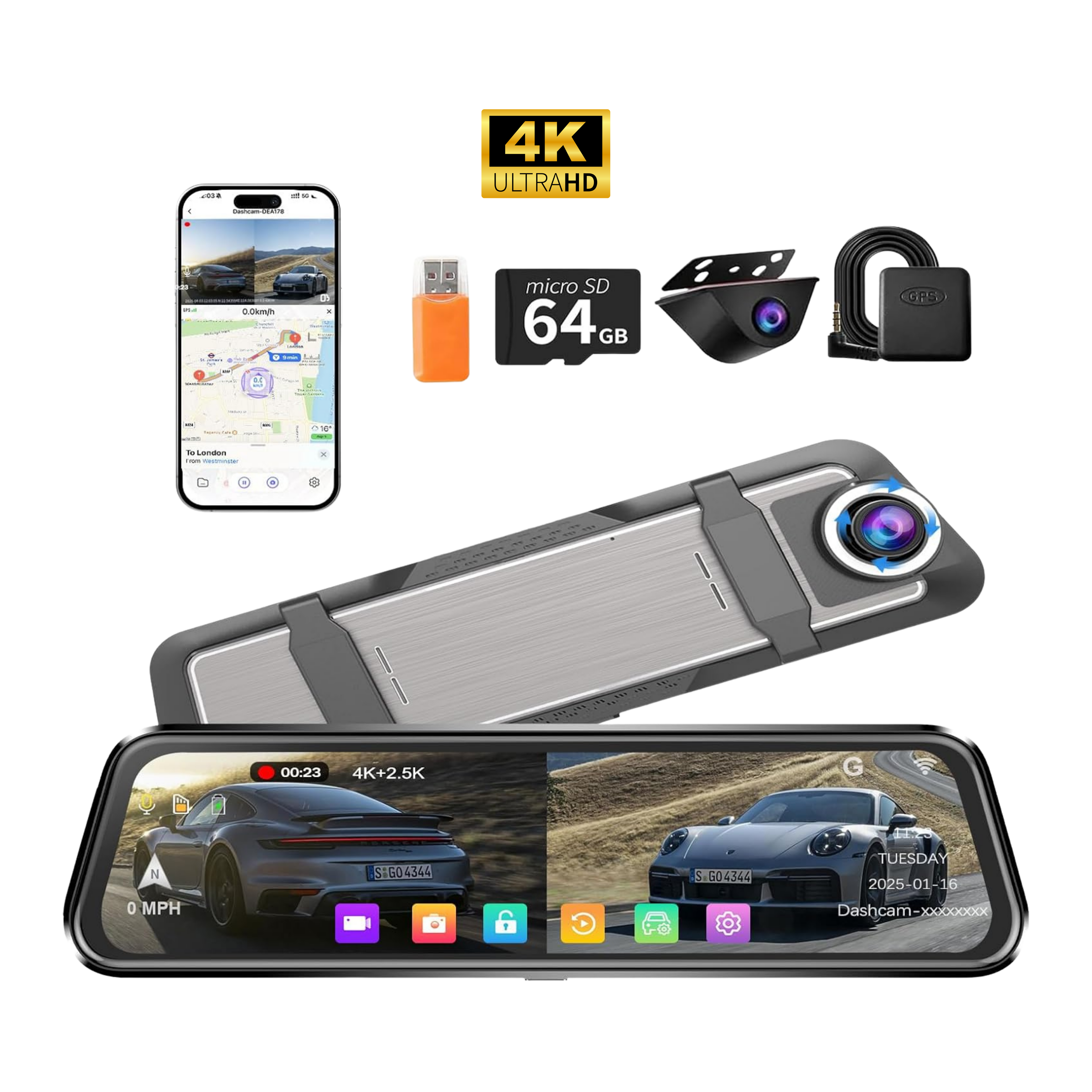 Car dashboard camera with smartphone, USB flash drive, microSD card, and lock on a white background