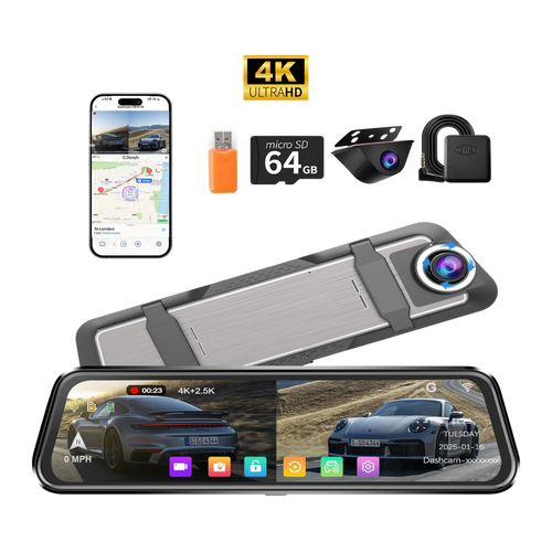 Car dashboard camera with smartphone, USB flash drive, microSD card, and lock on a white background