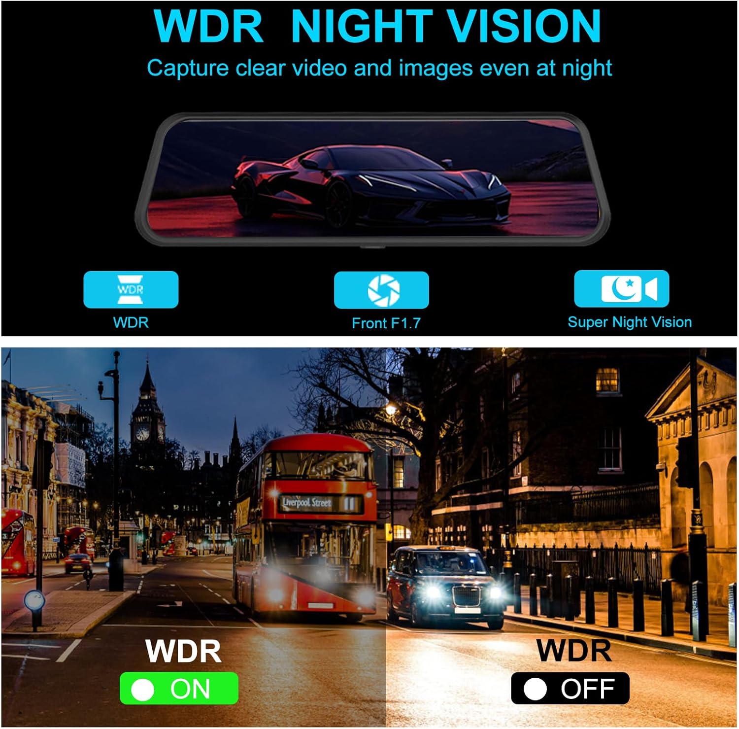 WDR night vision technology demonstration with car and city street scenes.