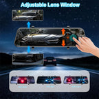 Car rearview mirror with adjustable lens window and multiple viewing options on a dark road background.