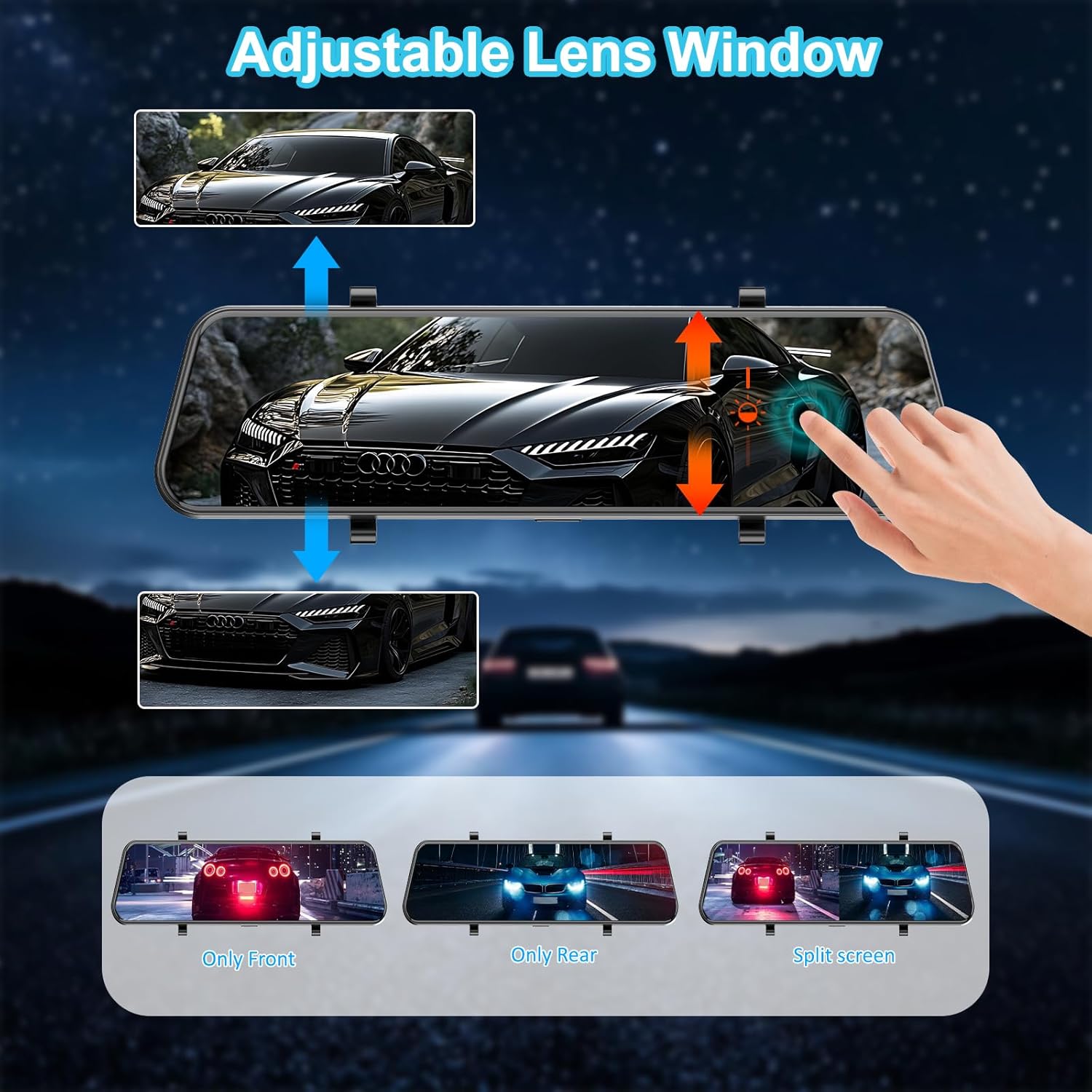 Car rearview mirror with adjustable lens window and multiple viewing options on a dark road background.