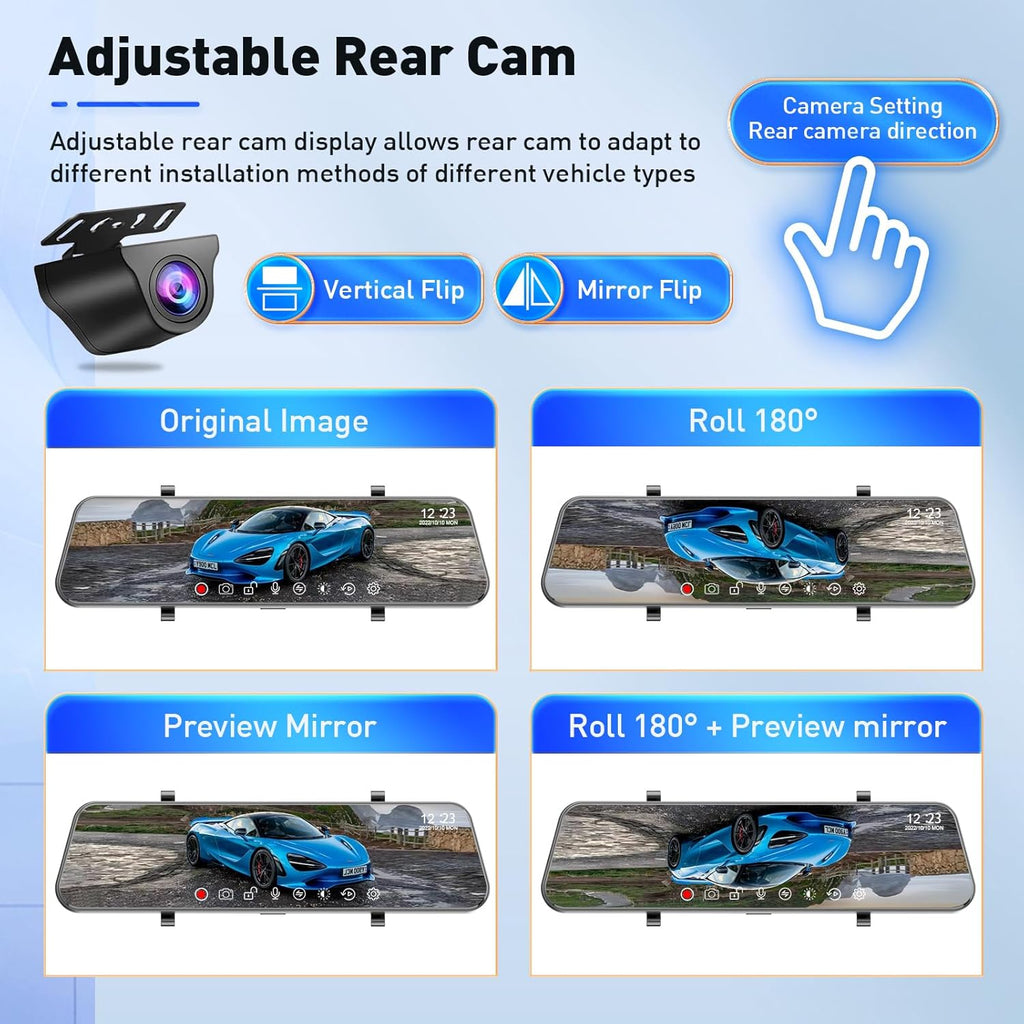 Adjustable rear camera display with flip options and car image previews on a blue background