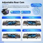 Adjustable rear camera display with flip options and car image previews on a blue background
