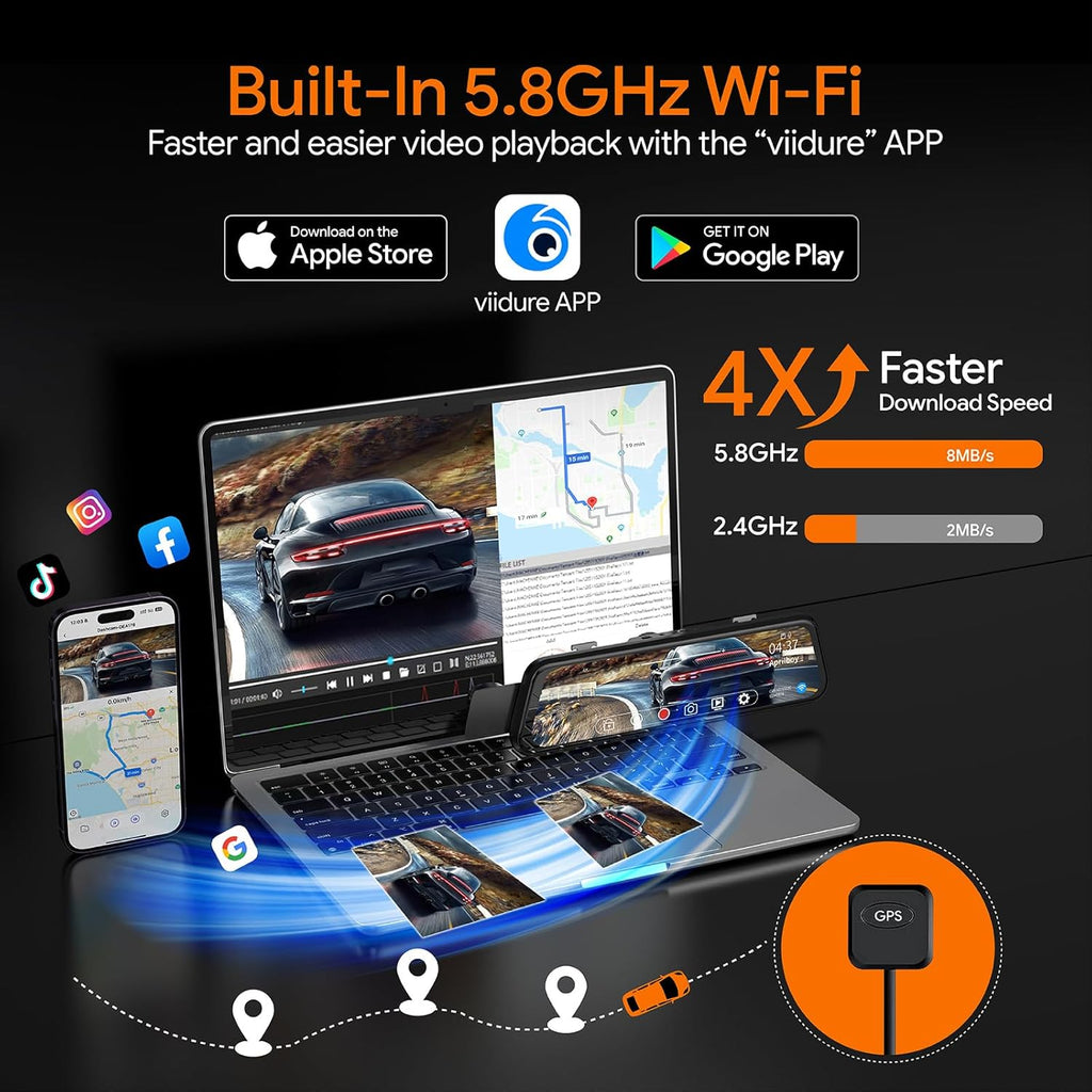 Laptop with 5.8GHz Wi-Fi display, app icons, and speed comparison on a dark background