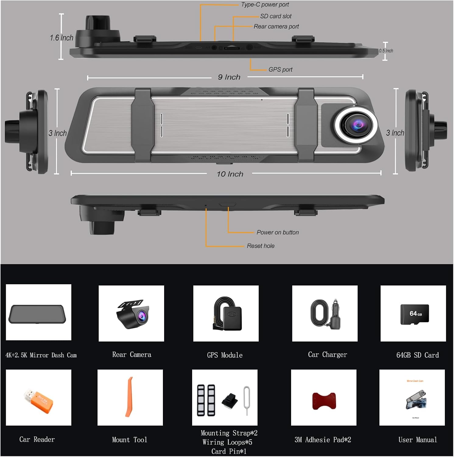 Measurement chart and components of a car dashboard camera system on a gray background.