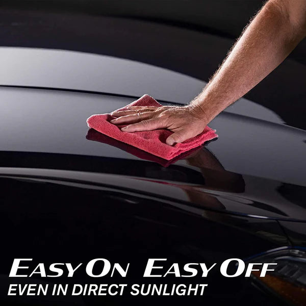 Person cleaning a car with a red microfiber towel, with text 'Easy On Easy Off Even in Direct Sunlight'.
