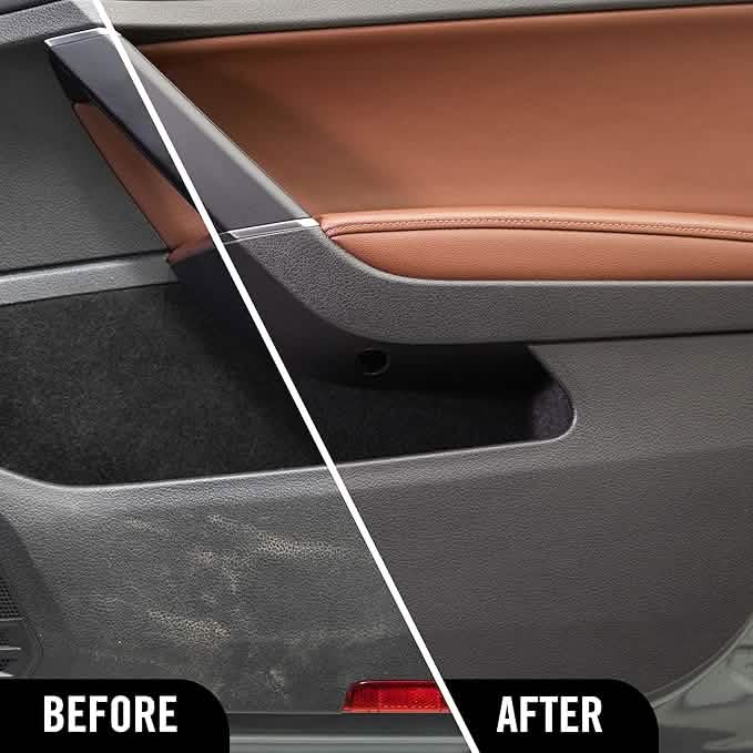Before and after comparison of a car door panel with a cleaner finish.