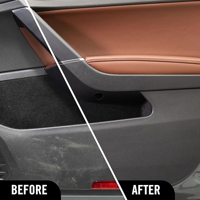Before and after comparison of a car door panel with a cleaner finish.