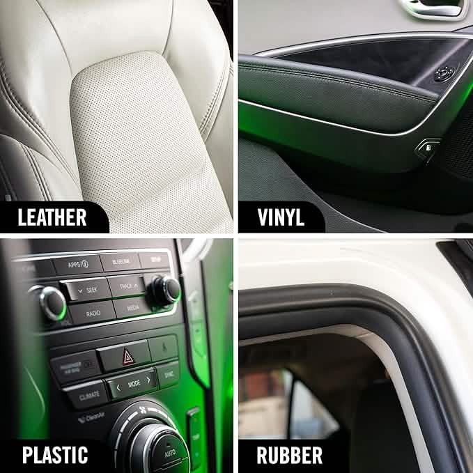 Car interior components labeled as leather, vinyl, plastic, and rubber.