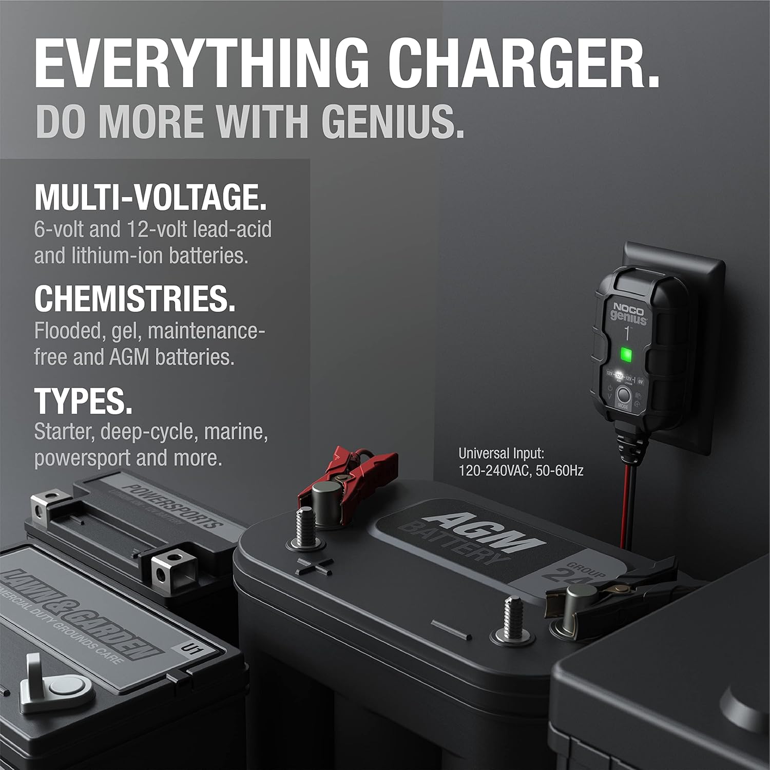 Battery charger with text highlighting its features on a dark background