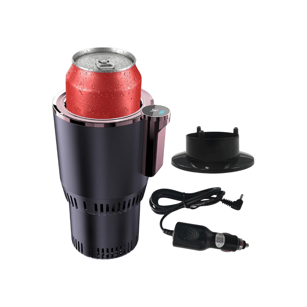 Black car cup holder with red can and power cord on a green background