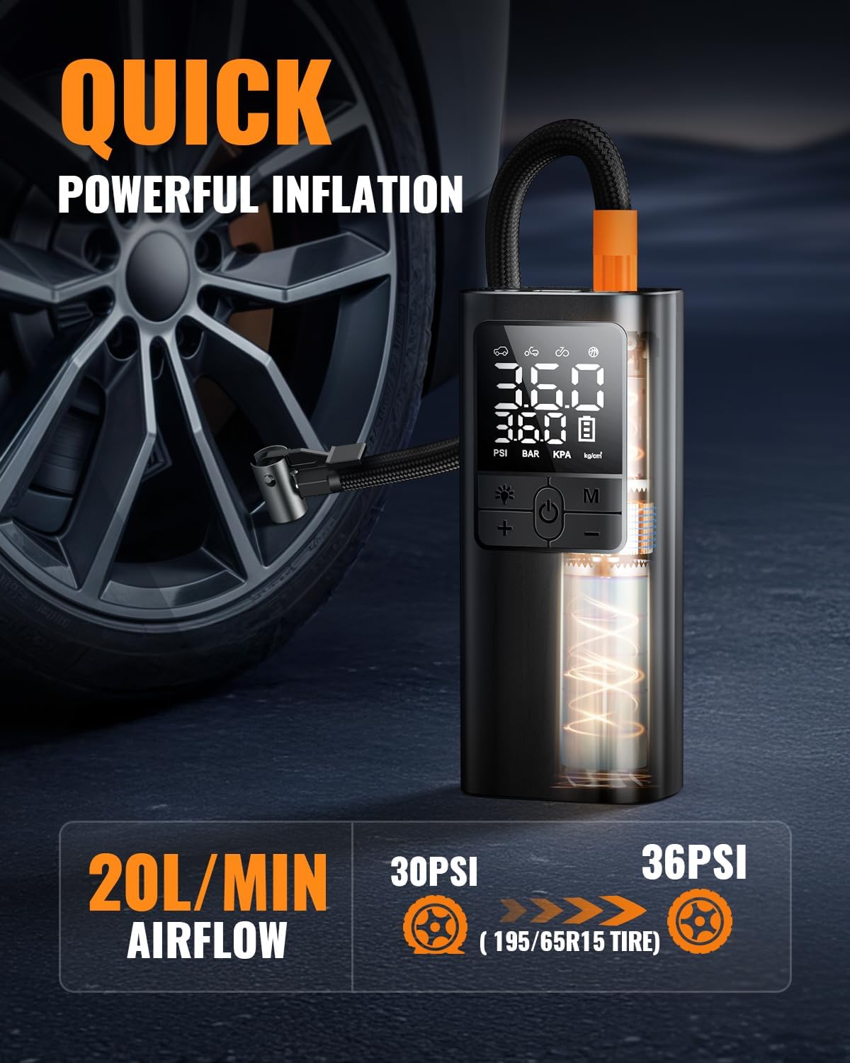 Digital air pump with tire inflation feature on a dark background