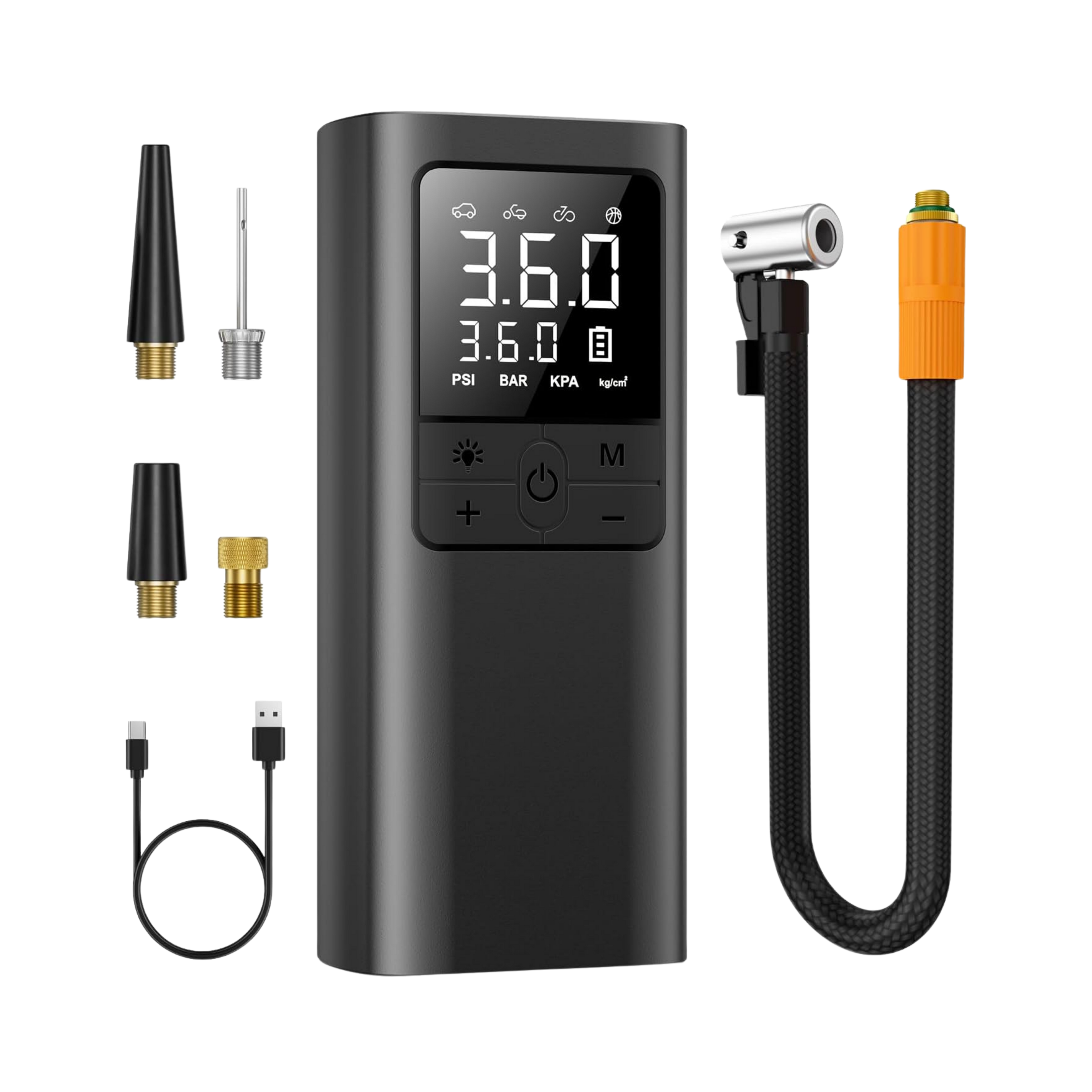 Black digital air pump with various nozzles on a white background